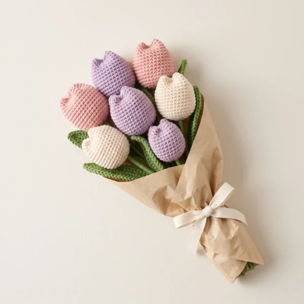 Seven-flower crochet tulip bouquet in pink, lavender and cream, wrapped in kraft paper with a cream ribbon