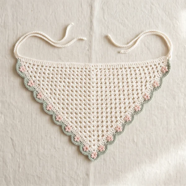 Ivory floral crochet bandana with sage-green scalloped edging, blush-pink flowers and ivory ties