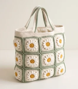 Cream daisy crochet tote bag with sage-green borders, yellow flower centers, twin handles and cream fabric lining