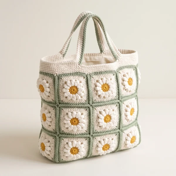 Cream daisy crochet tote bag with sage-green borders, yellow flower centers, twin handles and cream fabric lining