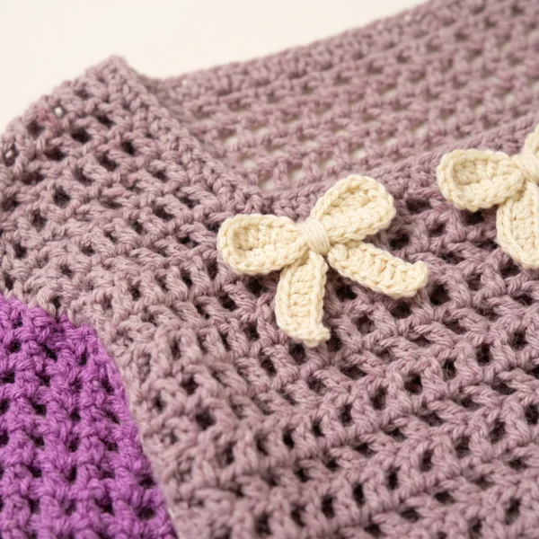 Lavender Bloom crochet crop top with purple long sleeves and white bow accents