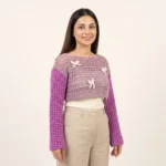 Lavender Bloom crochet crop top with purple long sleeves and white bow accents