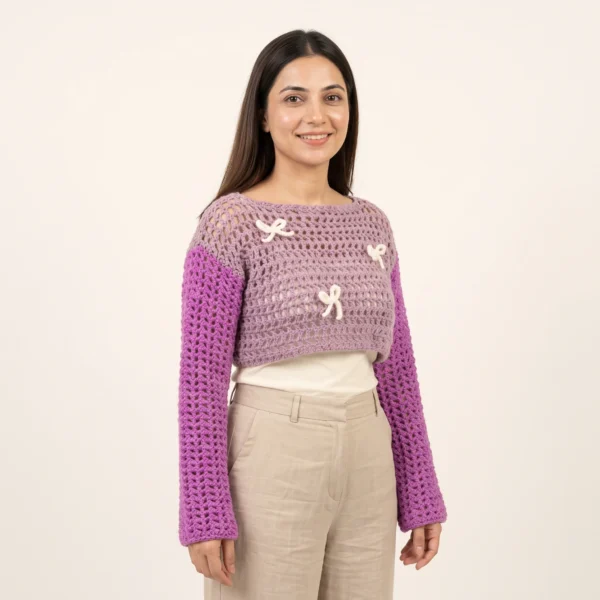 Lavender Bloom crochet crop top with purple long sleeves and white bow accents