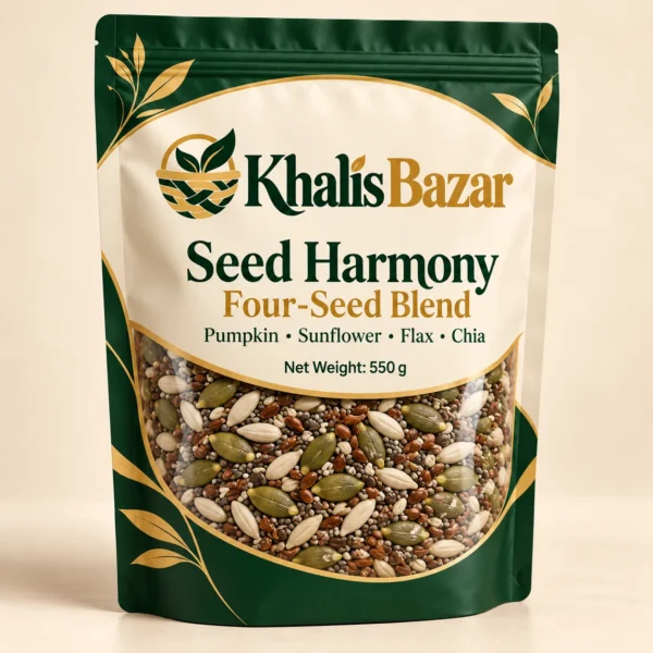 Khalis Bazar Seed Harmony four-seed blend 550 g pouch with pumpkin, sunflower, flax and chia seeds visible through the window